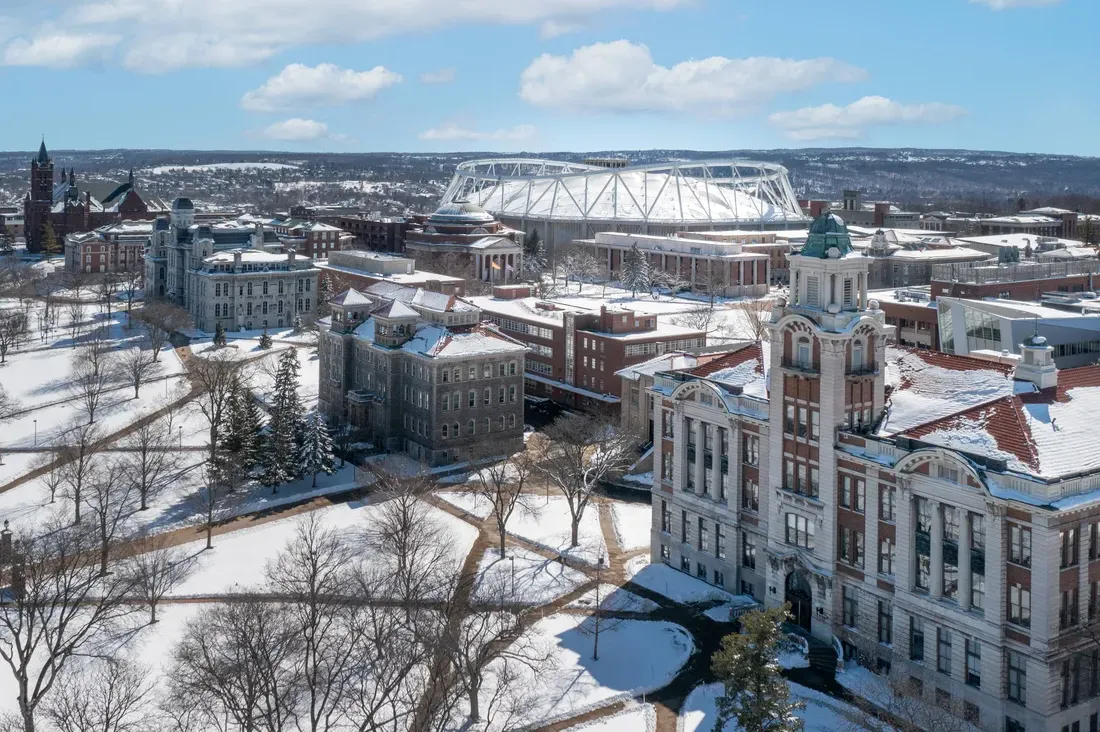 Campus buildings during the winter.